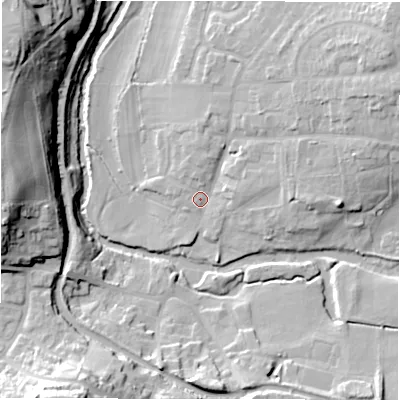 Shaded relief map of the ground around B781DR, computed from Environment Agency LiDAR. The ground here sits at about 64 m above sea level and falls 29 m across the surrounding 800 m. Surface water reaching this point runs off ground lying to the north-east, 10.8 m higher.