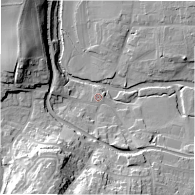 Shaded relief map of the ground around B781DS, computed from Environment Agency LiDAR. The ground here sits at about 64 m above sea level and falls 34 m across the surrounding 800 m. Surface water reaching this point runs off ground lying to the west, 6.5 m higher.