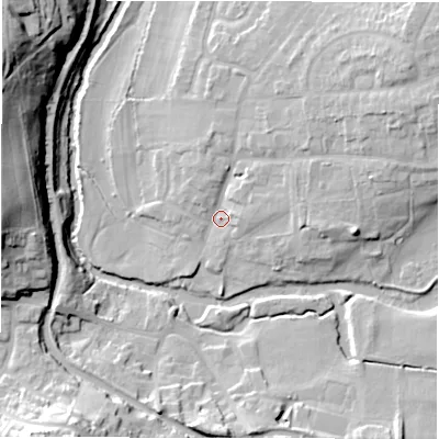 Shaded relief map of the ground around B781DT, computed from Environment Agency LiDAR. The ground here sits at about 64 m above sea level and falls 29 m across the surrounding 800 m. Surface water reaching this point runs off ground lying to the north-east, 11.4 m higher.