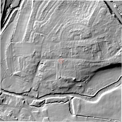 Shaded relief map of the ground around B781DU, computed from Environment Agency LiDAR. The ground here sits at about 69 m above sea level and falls 18 m across the surrounding 800 m. Surface water reaching this point runs off ground lying to the east-north-east, 5.1 m higher.