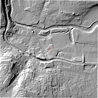 Shaded relief map of the ground around B781HA, computed from Environment Agency LiDAR. The ground here sits at about 66 m above sea level and falls 40 m across the surrounding 800 m. Surface water reaching this point runs off ground lying to the south-south-east, 4.1 m higher.