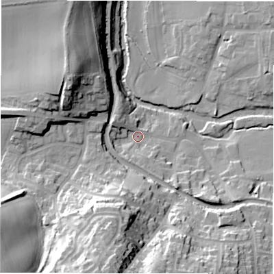 Shaded relief map of the ground around B781HP, computed from Environment Agency LiDAR. The ground here sits at about 65 m above sea level and falls 38 m across the surrounding 800 m. Surface water reaching this point runs off ground lying to the west-north-west, 6.1 m higher.