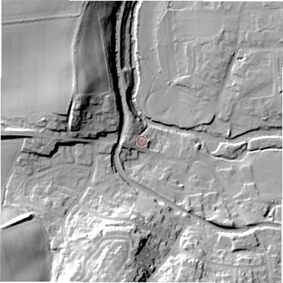 Shaded relief map of the ground around B781JH, computed from Environment Agency LiDAR. The ground here sits at about 66 m above sea level and falls 36 m across the surrounding 800 m. Surface water reaching this point runs off ground lying to the west, 6.1 m higher.
