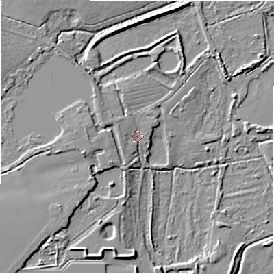 Shaded relief map of the ground around B782AE, computed from Environment Agency LiDAR. The ground here sits at about 68 m above sea level and falls 11 m across the surrounding 800 m. Surface water reaching this point runs off ground lying to the west-north-west, 2.9 m higher.