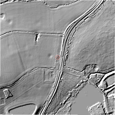 Shaded relief map of the ground around B782AH, computed from Environment Agency LiDAR. The ground here sits at about 72 m above sea level and falls 15 m across the surrounding 800 m. Surface water reaching this point runs off ground lying to the west-south-west, 8.9 m higher.