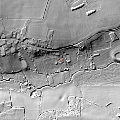 Shaded relief map of the ground around B782AJ, computed from Environment Agency LiDAR. The ground here sits at about 76 m above sea level and falls 19 m across the surrounding 800 m. Surface water reaching this point runs off ground lying to the north-west, 11.9 m higher.