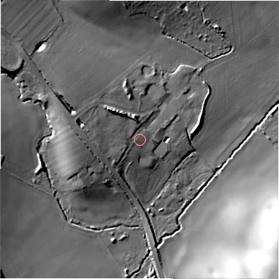 Shaded relief map of the ground around B782BP, computed from Environment Agency LiDAR. The ground here sits at about 94 m above sea level and falls 29 m across the surrounding 800 m. Surface water reaching this point runs off ground lying to the west-north-west, 6.9 m higher.