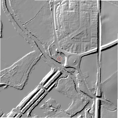 Shaded relief map of the ground around B782DE, computed from Environment Agency LiDAR. The ground here sits at about 66 m above sea level and falls 17 m across the surrounding 800 m. Surface water reaching this point runs off ground lying to the east-north-east, 5.5 m higher.