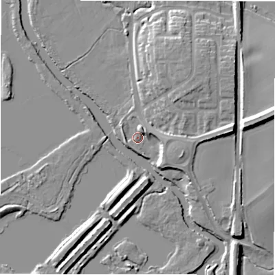 Shaded relief map of the ground around B782DF, computed from Environment Agency LiDAR. The ground here sits at about 66 m above sea level and falls 17 m across the surrounding 800 m. Surface water reaching this point runs off ground lying to the north-north-east, 3.7 m higher.