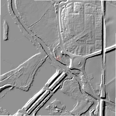 Shaded relief map of the ground around B782DG, computed from Environment Agency LiDAR. The ground here sits at about 66 m above sea level and falls 17 m across the surrounding 800 m. Surface water reaching this point runs off ground lying to the east, 8.8 m higher.