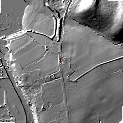 Shaded relief map of the ground around B782DL, computed from Environment Agency LiDAR. The ground here sits at about 73 m above sea level and falls 38 m across the surrounding 800 m. Surface water reaching this point runs off ground lying to the east-south-east, 2.6 m higher.