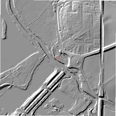 Shaded relief map of the ground around B782DN, computed from Environment Agency LiDAR. The ground here sits at about 66 m above sea level and falls 17 m across the surrounding 800 m. Surface water reaching this point runs off ground lying to the east, 8.8 m higher.