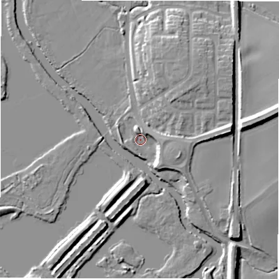 Shaded relief map of the ground around B782DP, computed from Environment Agency LiDAR. The ground here sits at about 66 m above sea level and falls 17 m across the surrounding 800 m. Surface water reaching this point runs off ground lying to the north-north-west, 3.7 m higher.