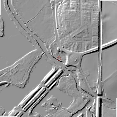 Shaded relief map of the ground around B782DQ, computed from Environment Agency LiDAR. The ground here sits at about 66 m above sea level and falls 17 m across the surrounding 800 m. Surface water reaching this point runs off ground lying to the east-north-east, 16.2 m higher.