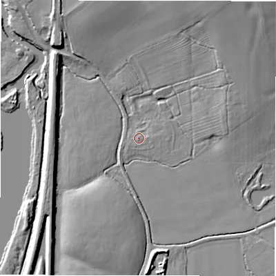 Shaded relief map of the ground around B782DY, computed from Environment Agency LiDAR. The ground here sits at about 67 m above sea level and falls 12 m across the surrounding 800 m. Surface water reaching this point runs off ground lying to the east-north-east, 6.4 m higher.