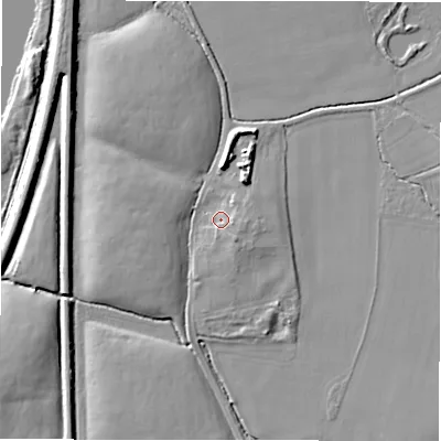 Shaded relief map of the ground around B782DZ, computed from Environment Agency LiDAR. The ground here sits at about 68 m above sea level and falls 7 m across the surrounding 800 m. Surface water reaching this point runs off ground lying to the south-east, 3.2 m higher.