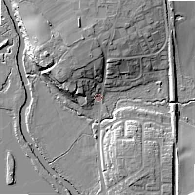 Shaded relief map of the ground around B782LS, computed from Environment Agency LiDAR. The ground here sits at about 66 m above sea level and falls 16 m across the surrounding 800 m. Surface water reaching this point runs off ground lying to the north, 12.2 m higher.