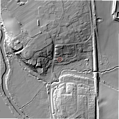 Shaded relief map of the ground around B782LW, computed from Environment Agency LiDAR. The ground here sits at about 69 m above sea level and falls 16 m across the surrounding 800 m. Surface water reaching this point runs off ground lying to the north, 8.5 m higher.