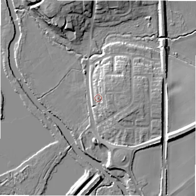 Shaded relief map of the ground around B782NP, computed from Environment Agency LiDAR. The ground here sits at about 71 m above sea level and falls 17 m across the surrounding 800 m. Surface water reaching this point runs off ground lying to the east-north-east, 7.3 m higher.