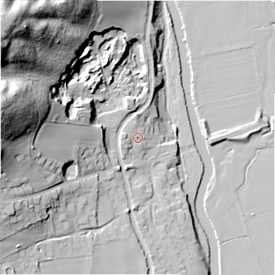 Shaded relief map of the ground around B783AD, computed from Environment Agency LiDAR. The ground here sits at about 64 m above sea level and falls 67 m across the surrounding 800 m. Surface water reaching this point runs off ground lying to the west, 3.2 m higher.