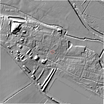 Shaded relief map of the ground around B783BN, computed from Environment Agency LiDAR. The ground here sits at about 61 m above sea level and falls 15 m across the surrounding 800 m. Surface water reaching this point runs off ground lying to the north-west, 1.5 m higher.