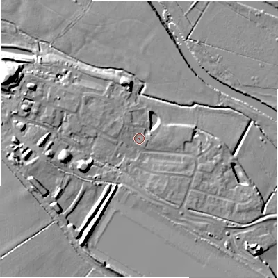 Shaded relief map of the ground around B783BQ, computed from Environment Agency LiDAR. The ground here sits at about 60 m above sea level and falls 15 m across the surrounding 800 m. Surface water reaching this point runs off ground lying to the west-north-west, 2.2 m higher.
