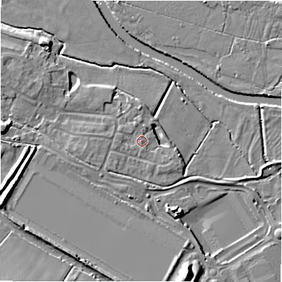 Shaded relief map of the ground around B783BS, computed from Environment Agency LiDAR. The ground here sits at about 60 m above sea level and falls 12 m across the surrounding 800 m. Surface water reaching this point runs off ground lying to the north-north-west, 1.1 m higher.