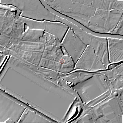 Shaded relief map of the ground around B783BT, computed from Environment Agency LiDAR. The ground here sits at about 60 m above sea level and falls 13 m across the surrounding 800 m. Surface water reaching this point runs off ground lying to the east-north-east, 3.4 m higher.