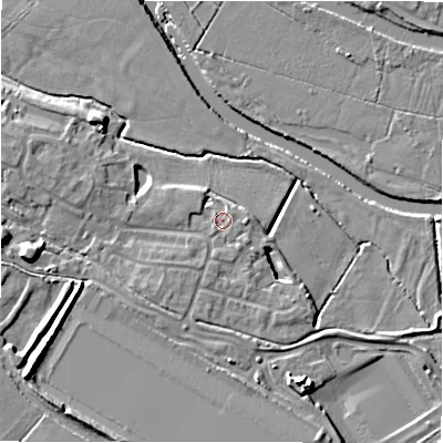 Shaded relief map of the ground around B783BX, computed from Environment Agency LiDAR. The ground here sits at about 60 m above sea level and falls 12 m across the surrounding 800 m. Surface water reaching this point runs off ground lying to the south-west, 8.6 m higher.