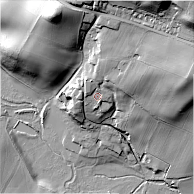 Shaded relief map of the ground around B783DW, computed from Environment Agency LiDAR. The ground here sits at about 94 m above sea level and falls 66 m across the surrounding 800 m. Surface water reaching this point runs off ground lying to the north-north-west, 4.5 m higher.