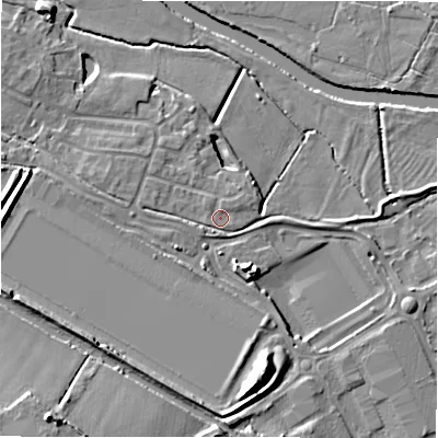 Shaded relief map of the ground around B783ET, computed from Environment Agency LiDAR. The ground here sits at about 59 m above sea level and falls 15 m across the surrounding 800 m. Surface water reaching this point runs off ground lying to the west, 4.4 m higher.