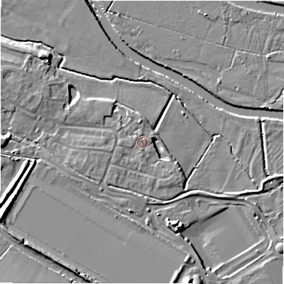 Shaded relief map of the ground around B783FD, computed from Environment Agency LiDAR. The ground here sits at about 60 m above sea level and falls 12 m across the surrounding 800 m. Surface water reaching this point runs off ground lying to the east, 3.4 m higher.