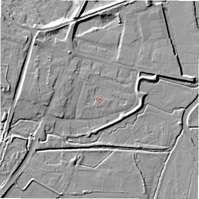 Shaded relief map of the ground around B783FE, computed from Environment Agency LiDAR. The ground here sits at about 62 m above sea level and falls 9 m across the surrounding 800 m. Surface water reaching this point runs off ground lying to the west-north-west, 1.2 m higher.