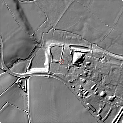 Shaded relief map of the ground around B783FX, computed from Environment Agency LiDAR. The ground here sits at about 63 m above sea level and falls 15 m across the surrounding 800 m. Surface water reaching this point runs off ground lying to the south-west, 3.9 m higher.