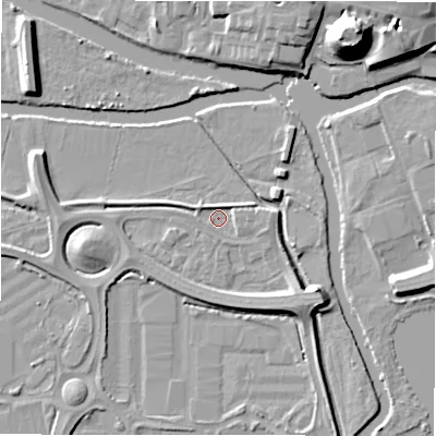 Shaded relief map of the ground around B783FZ, computed from Environment Agency LiDAR. The ground here sits at about 59 m above sea level and falls 21 m across the surrounding 800 m. Surface water reaching this point runs off ground lying to the south-east, 6.4 m higher.