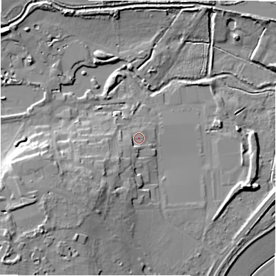 Shaded relief map of the ground around B783GL, computed from Environment Agency LiDAR. The ground here sits at about 65 m above sea level and falls 16 m across the surrounding 800 m. Surface water reaching this point runs off ground lying to the south-west, 1.9 m higher.