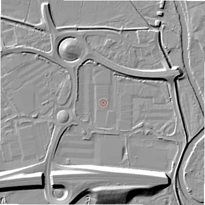 Shaded relief map of the ground around B783HB, computed from Environment Agency LiDAR. The ground here sits at about 59 m above sea level and falls 12 m across the surrounding 800 m. Surface water reaching this point runs off ground lying to the south-east, 10.5 m higher.