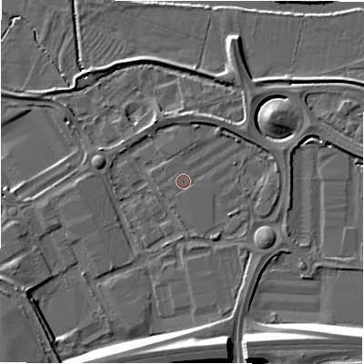 Shaded relief map of the ground around B783HD, computed from Environment Agency LiDAR. The ground here sits at about 59 m above sea level and falls 12 m across the surrounding 800 m. The ground contributing surface water to this point lies to the north-north-west.