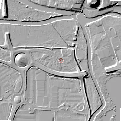 Shaded relief map of the ground around B783HE, computed from Environment Agency LiDAR. The ground here sits at about 59 m above sea level and falls 21 m across the surrounding 800 m. Surface water reaching this point runs off ground lying to the east-south-east, 5.5 m higher.
