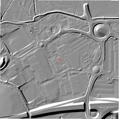 Shaded relief map of the ground around B783HF, computed from Environment Agency LiDAR. The ground here sits at about 59 m above sea level and falls 13 m across the surrounding 800 m. Surface water reaching this point runs off ground lying to the south-west, 11.1 m higher.