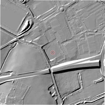Shaded relief map of the ground around B783HG, computed from Environment Agency LiDAR. The ground here sits at about 59 m above sea level and falls 16 m across the surrounding 800 m. Surface water reaching this point runs off ground lying to the north-west, 1.9 m higher.