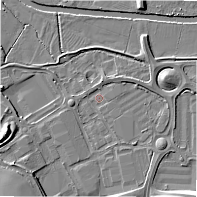 Shaded relief map of the ground around B783HH, computed from Environment Agency LiDAR. The ground here sits at about 59 m above sea level and falls 12 m across the surrounding 800 m. Surface water reaching this point runs off ground lying to the south, 5.2 m higher.