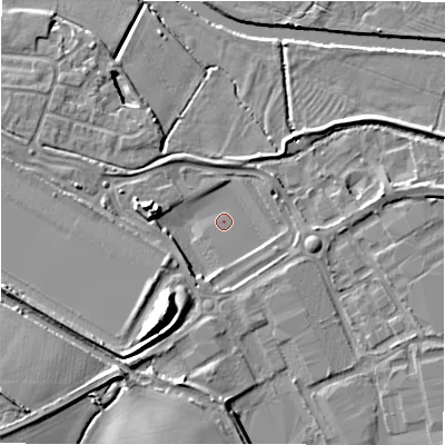 Shaded relief map of the ground around B783HJ, computed from Environment Agency LiDAR. The ground here sits at about 58 m above sea level and falls 14 m across the surrounding 800 m. Surface water reaching this point runs off ground lying to the south-south-west, 3.3 m higher.
