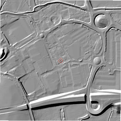Shaded relief map of the ground around B783HL, computed from Environment Agency LiDAR. The ground here sits at about 59 m above sea level and falls 14 m across the surrounding 800 m. Surface water reaching this point runs off ground lying to the south-west, 10.9 m higher.