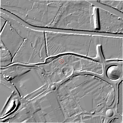Shaded relief map of the ground around B783HN, computed from Environment Agency LiDAR. The ground here sits at about 58 m above sea level and falls 12 m across the surrounding 800 m. Surface water reaching this point runs off ground lying to the south-west, 11.4 m higher.