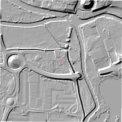 Shaded relief map of the ground around B783HQ, computed from Environment Agency LiDAR. The ground here sits at about 60 m above sea level and falls 21 m across the surrounding 800 m. Surface water reaching this point runs off ground lying to the south-east, 5.5 m higher.
