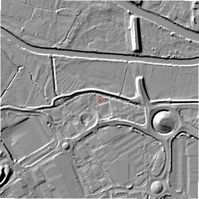 Shaded relief map of the ground around B783HU, computed from Environment Agency LiDAR. The ground here sits at about 58 m above sea level and falls 12 m across the surrounding 800 m. Surface water reaching this point runs off ground lying to the south-east, 4.7 m higher.