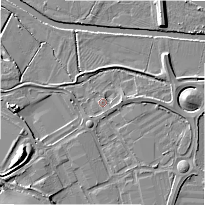 Shaded relief map of the ground around B783JA, computed from Environment Agency LiDAR. The ground here sits at about 59 m above sea level and falls 12 m across the surrounding 800 m. Surface water reaching this point runs off ground lying to the south-west, 12.2 m higher.