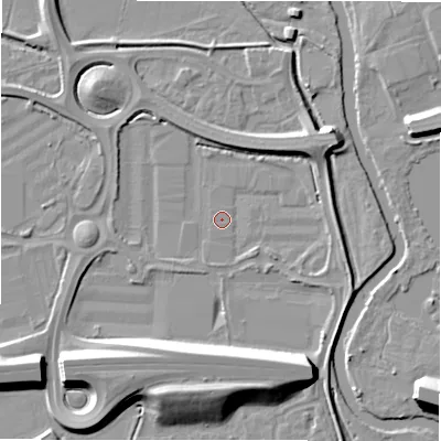 Shaded relief map of the ground around B783JD, computed from Environment Agency LiDAR. The ground here sits at about 59 m above sea level and falls 12 m across the surrounding 800 m. Surface water reaching this point runs off ground lying to the south-south-east, 10.5 m higher.