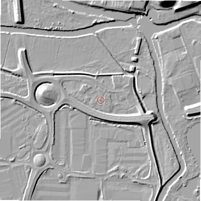 Shaded relief map of the ground around B783JE, computed from Environment Agency LiDAR. The ground here sits at about 60 m above sea level and falls 21 m across the surrounding 800 m. Surface water reaching this point runs off ground lying to the east-south-east, 5.5 m higher.
